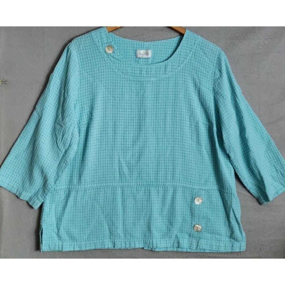 Mosaic XL Aqua  & Black Grid Pullover Top Lagenlook